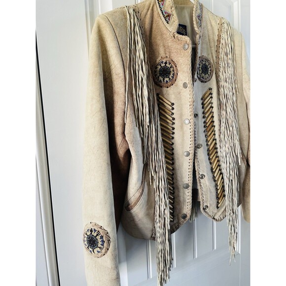 Vintage Tribe America Leathers Western Fringe Warrior Jacket Beaded Bone 6 USA - Picture 5 of 16